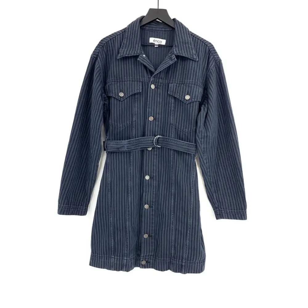 Etica Women Medium Denim Shirt Dress Joelle Blue Striped Long Sleeve Belted Mini